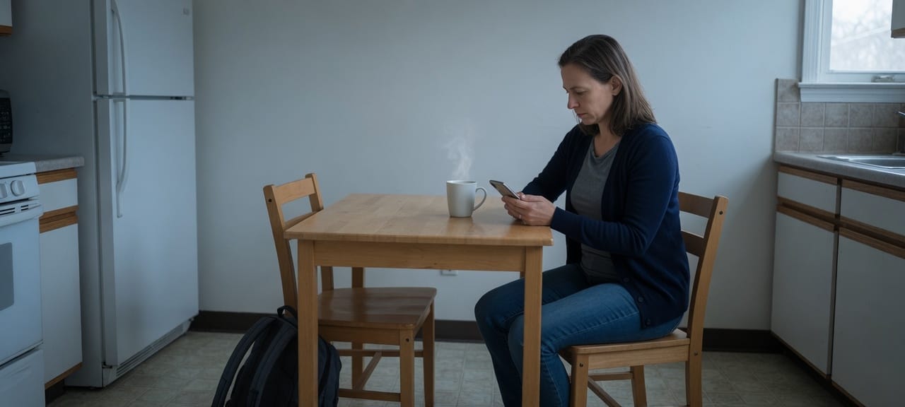 The same woman at the kitchen table, one mug, a backpack on the floor.