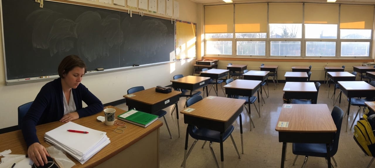 A teacher alone at her desk after the bell, a stack of papers and a red pen.