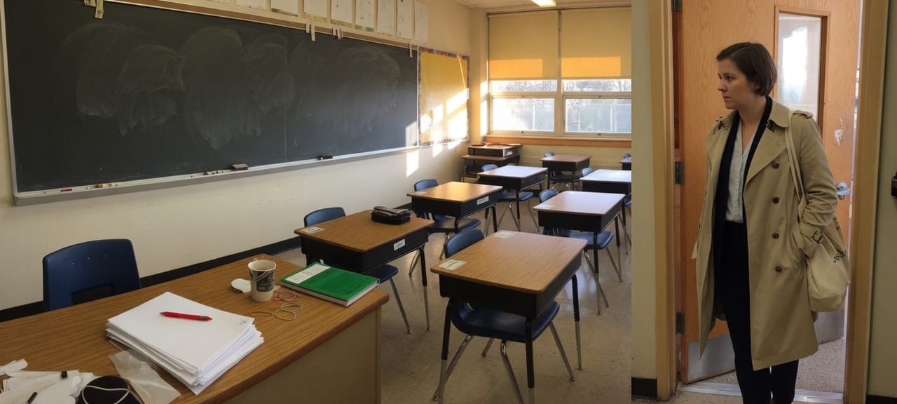 The same teacher at the classroom door, coat on, looking back at the empty desks.