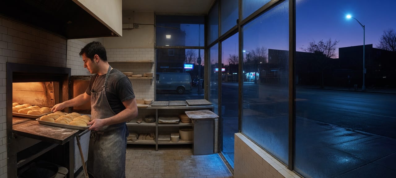 A baker at the oven before dawn, the empty street beyond the glass.