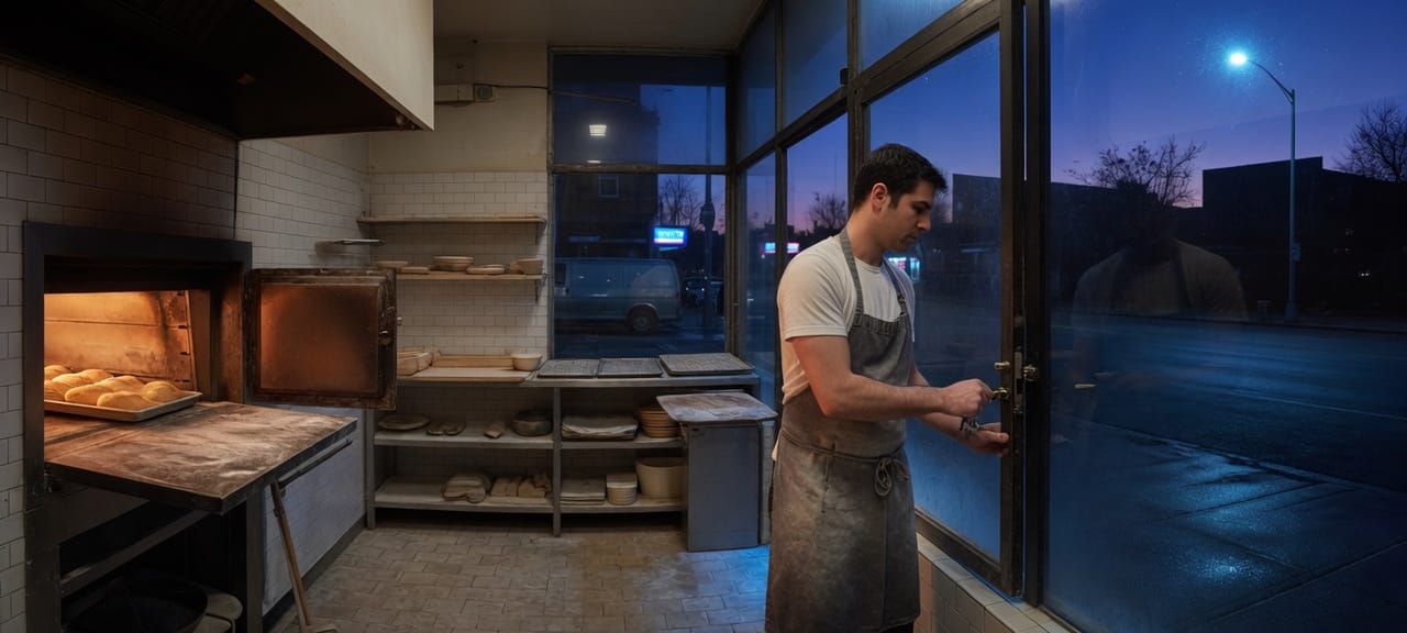 The same baker at the door, key in the lock, looking back at the oven.