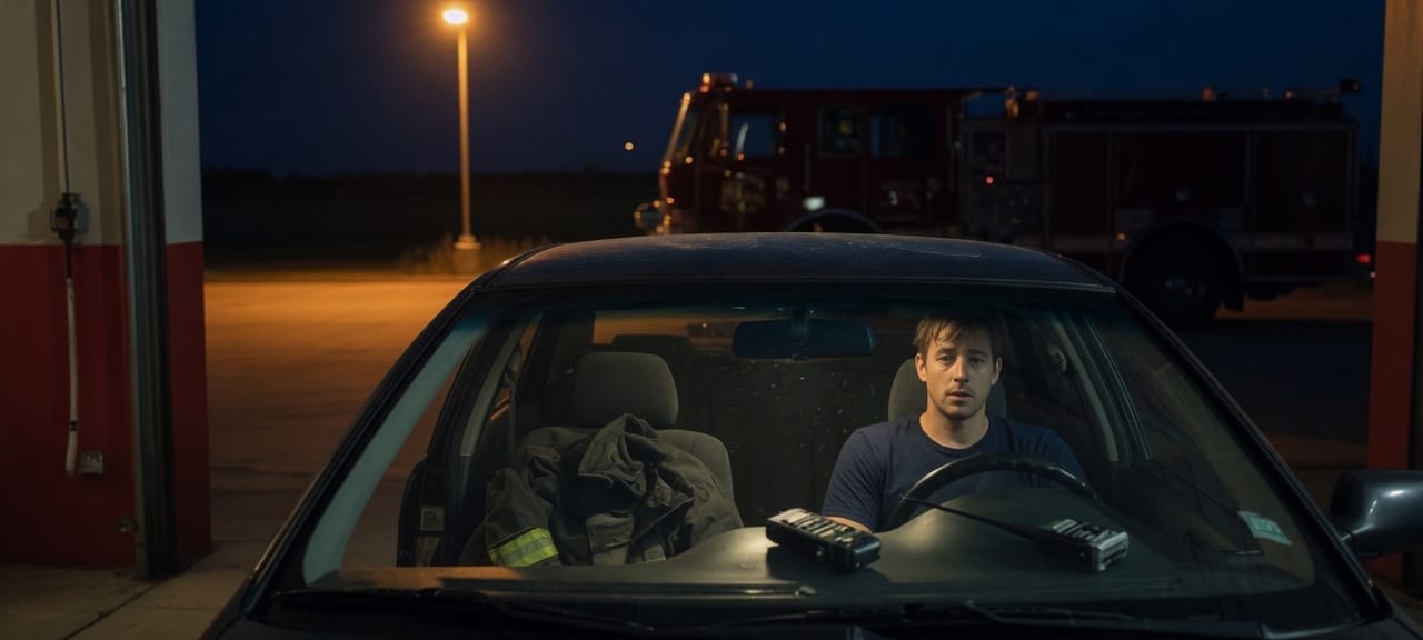 A first responder sits in his car at night outside the station, coat on the seat, radio down.