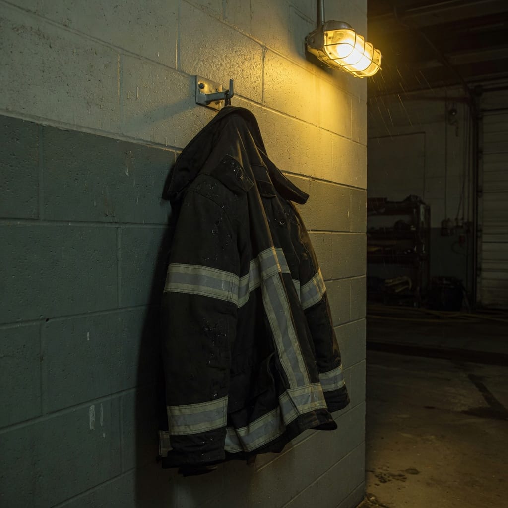 A turnout coat on a hook in a dim bay.