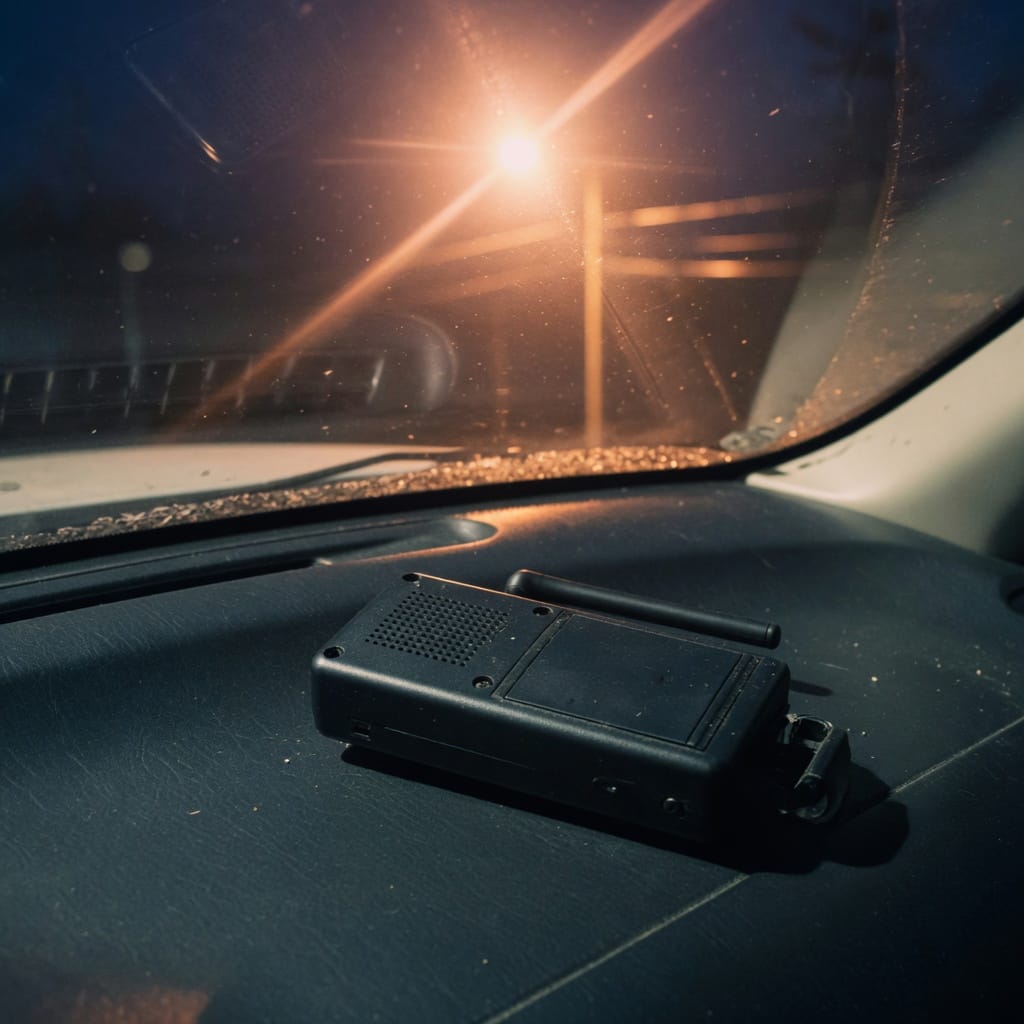 A radio face down on a dashboard at night.