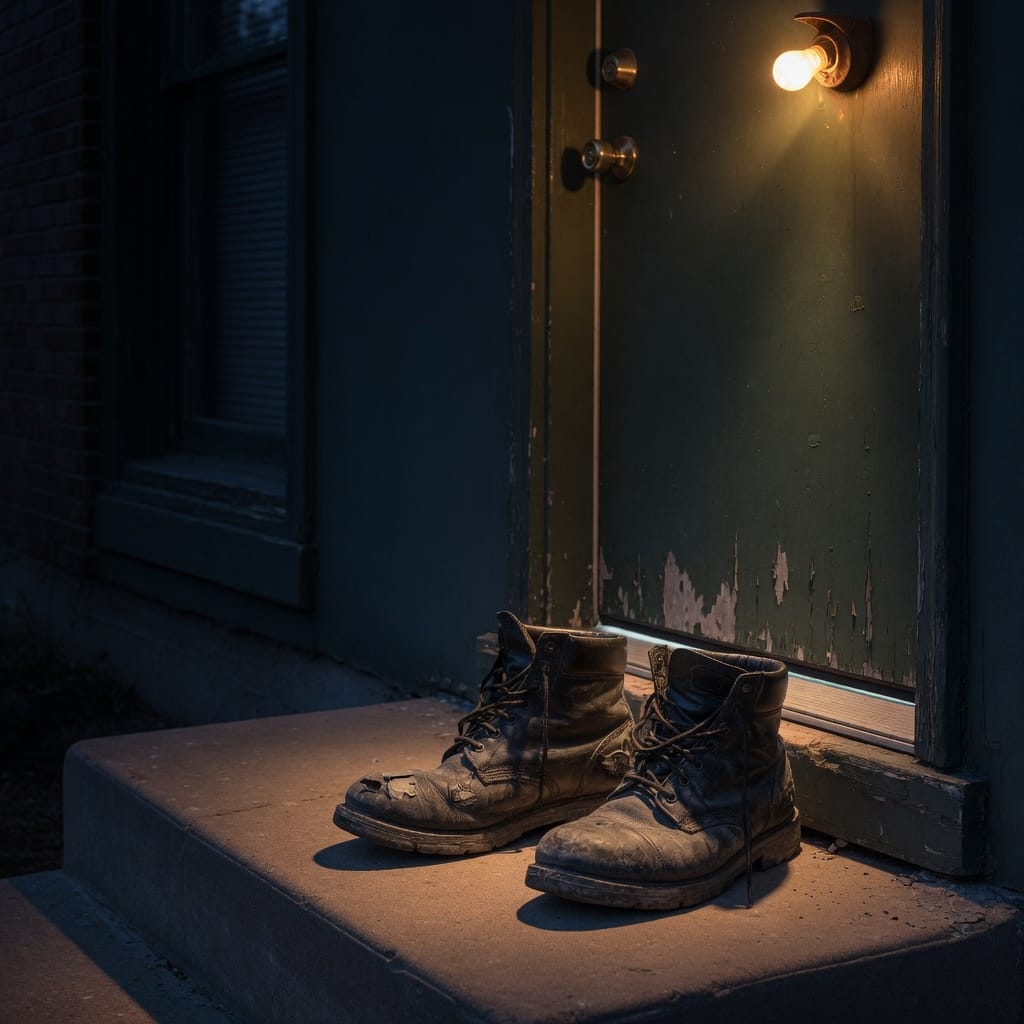 Work boots by a door at night.