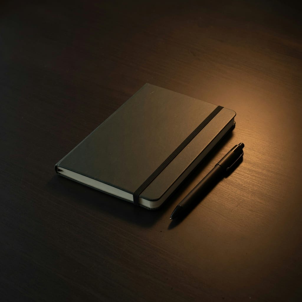 A closed notebook and a pen.
