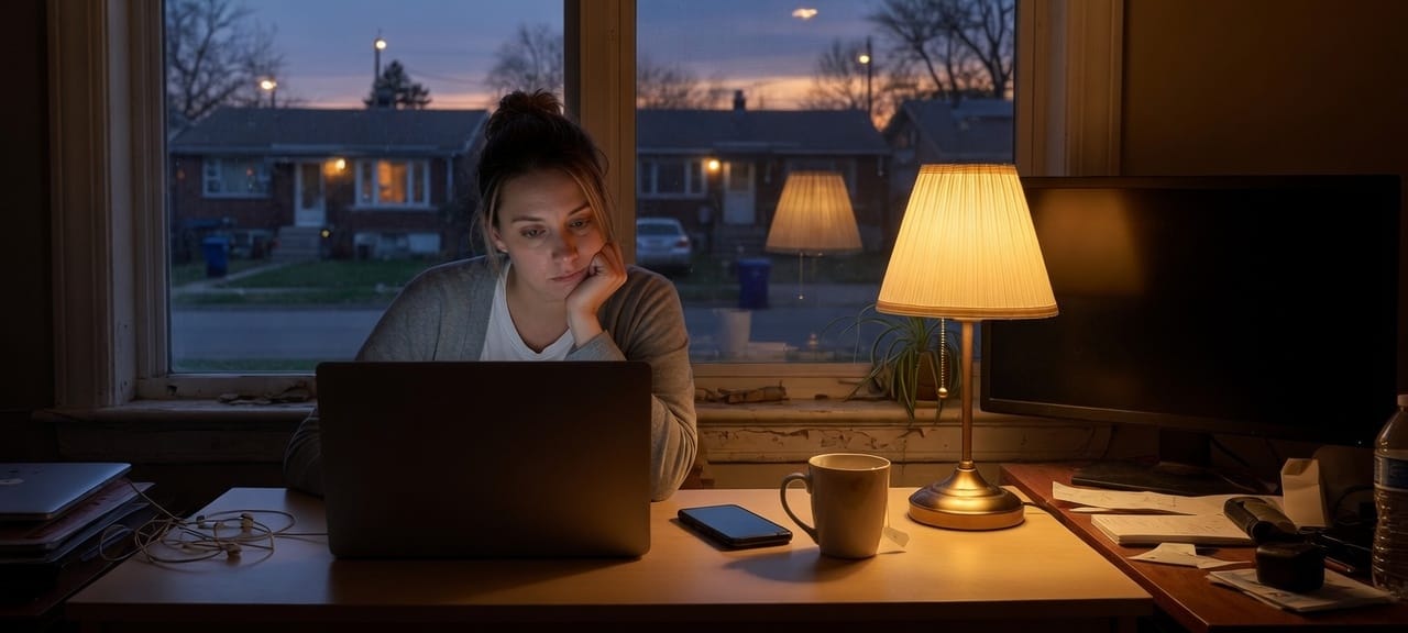 A specialist at a home desk at dusk, laptop closed, phone face down, one lamp.