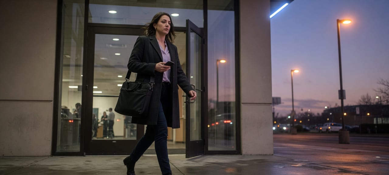 The same woman leaving the office at dusk with a laptop bag.