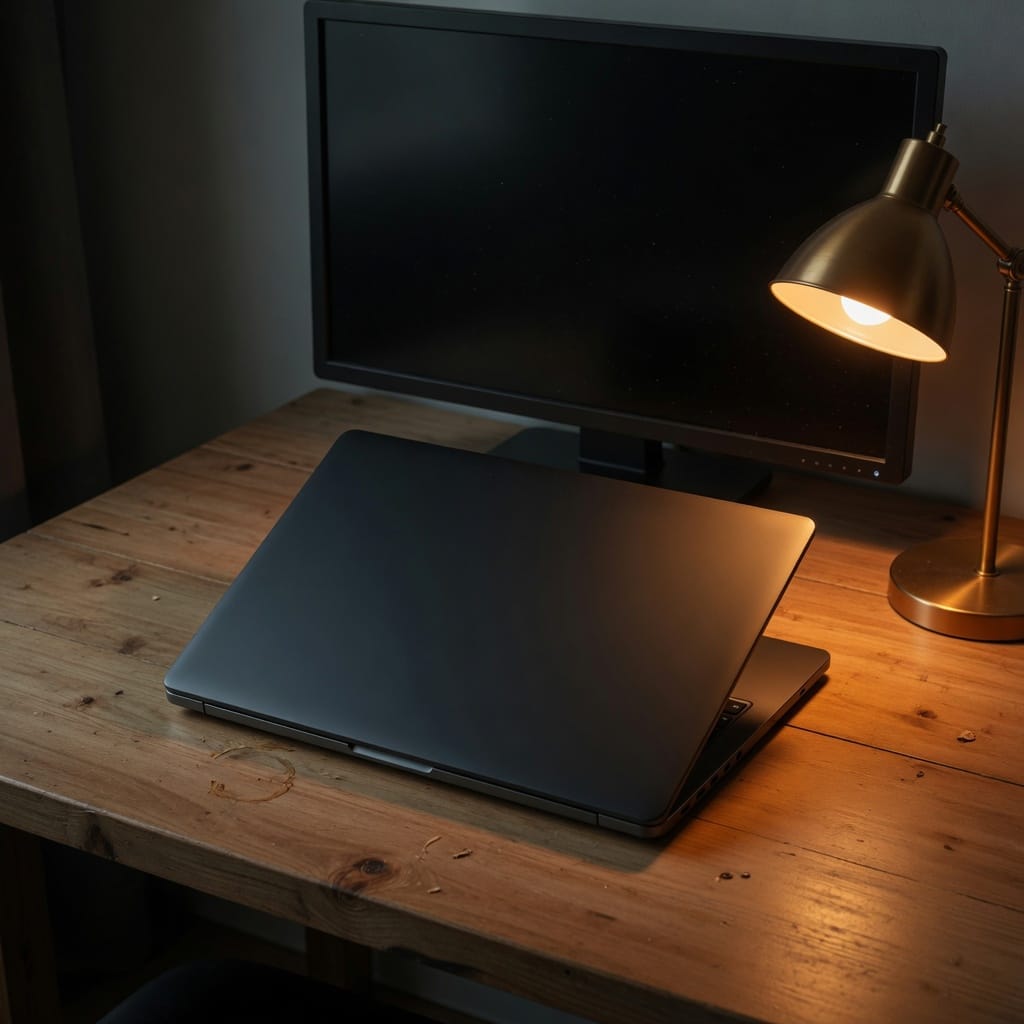 A closed laptop under a lamp.