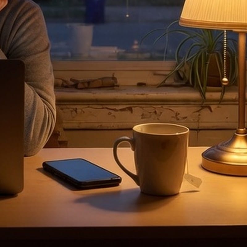 A phone face down beside a mug.