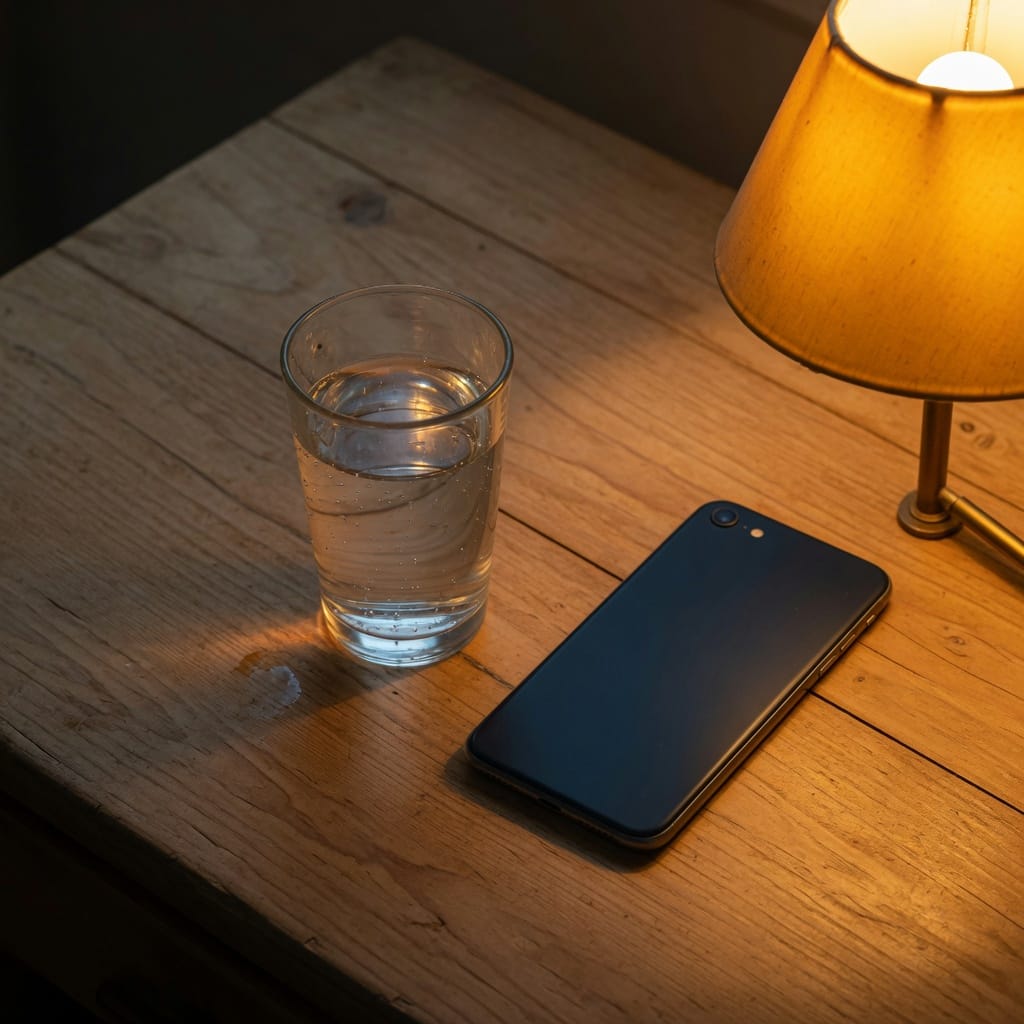 A glass of water and a phone face down.