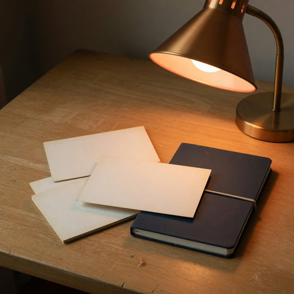 Blank cards and a closed notebook.