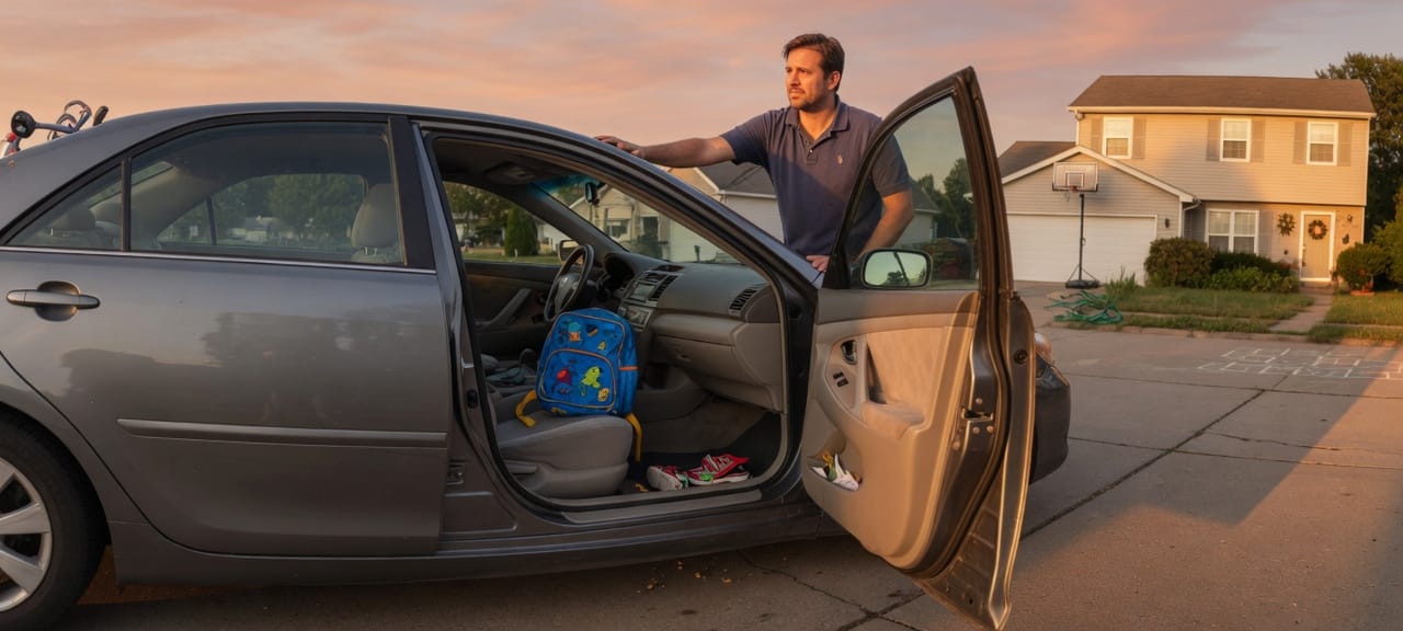 A father at the open car door at golden hour, a backpack on the seat.