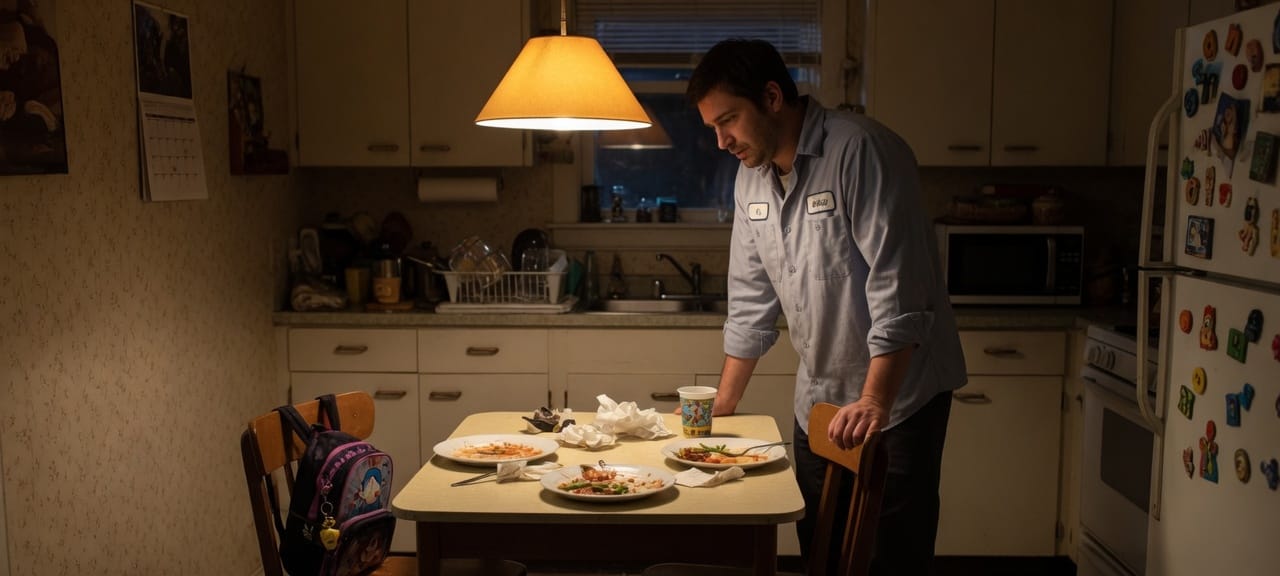 The same father at the kitchen table after dinner, one lamp on.