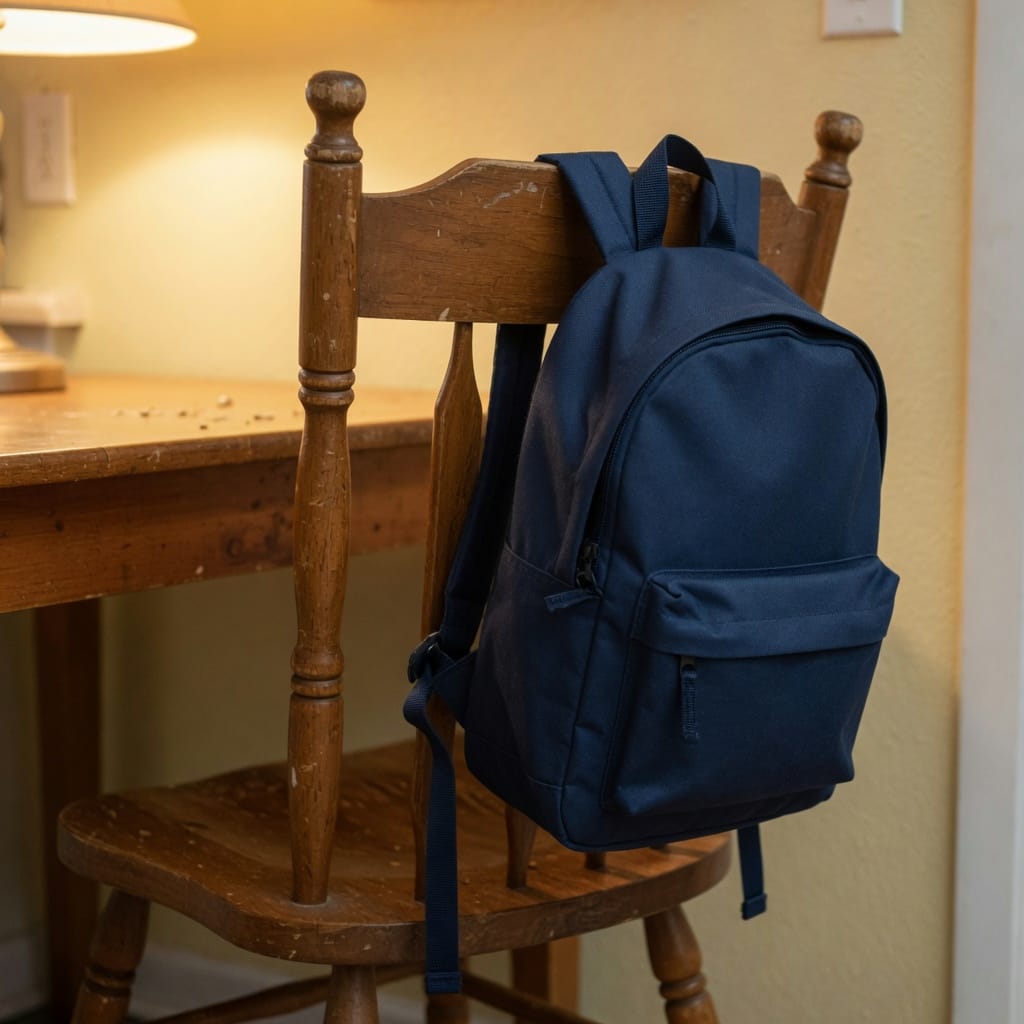 A plain backpack on a kitchen chair.