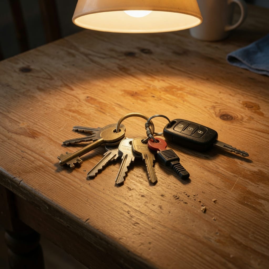Keys on a kitchen table under a lamp.