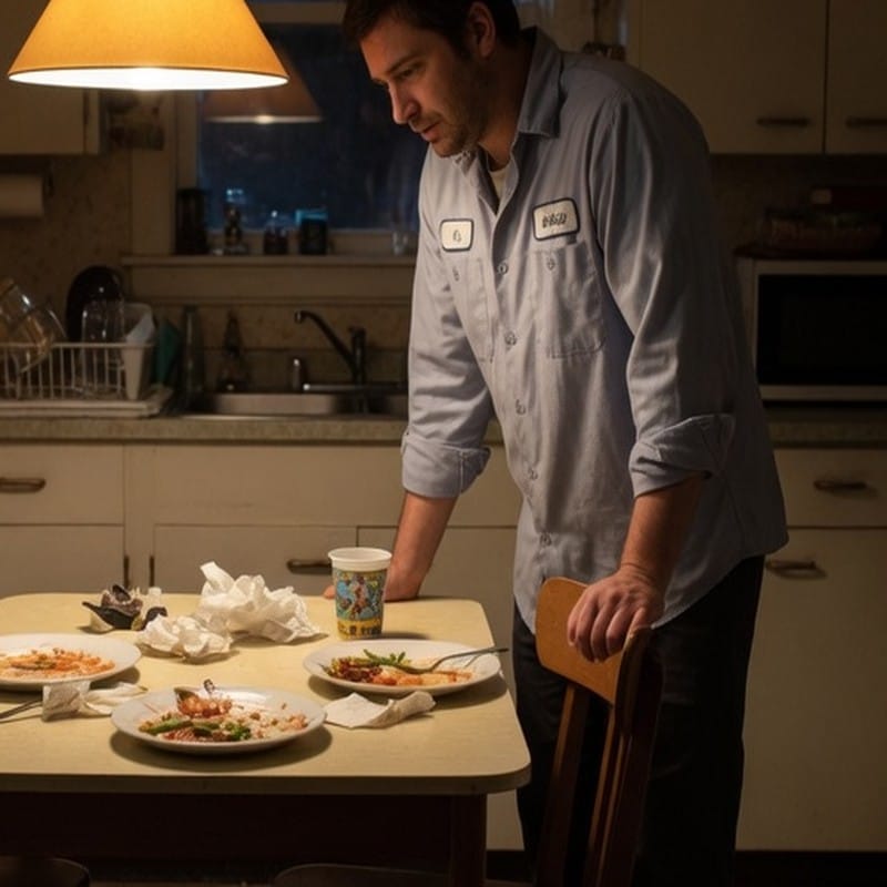 A father at the kitchen table after dinner.