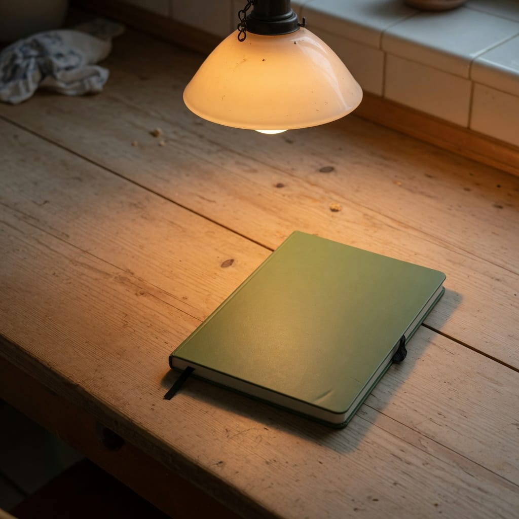 A closed notebook on a kitchen table.