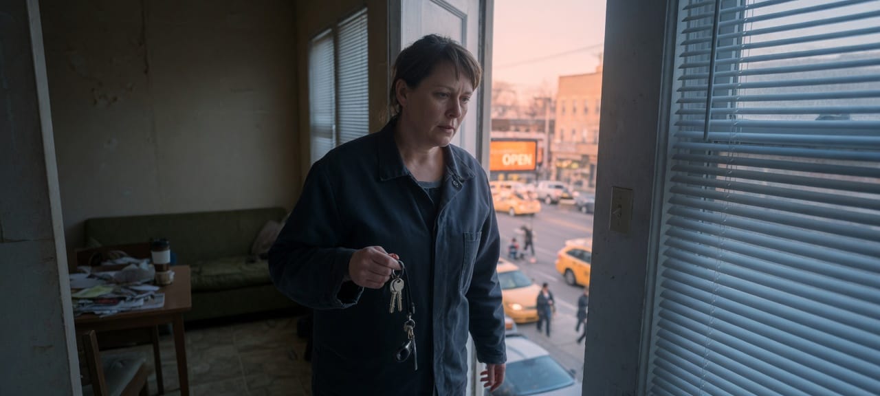 A night-shift worker steps inside at dawn, keys in hand, the street already awake.