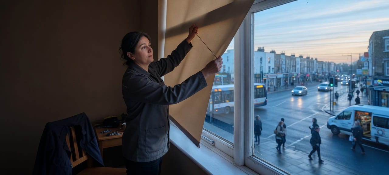 The same woman drawing the blinds against a waking street.
