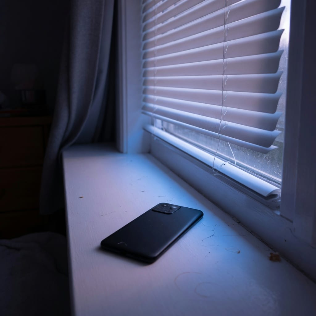 A phone face down on a sill in dawn light.