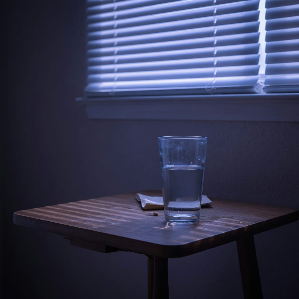 A glass of water in a dim room, blinds closed.
