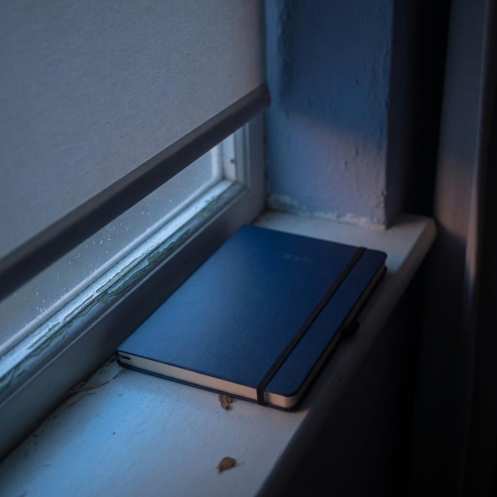 A closed notebook on a windowsill at dawn.