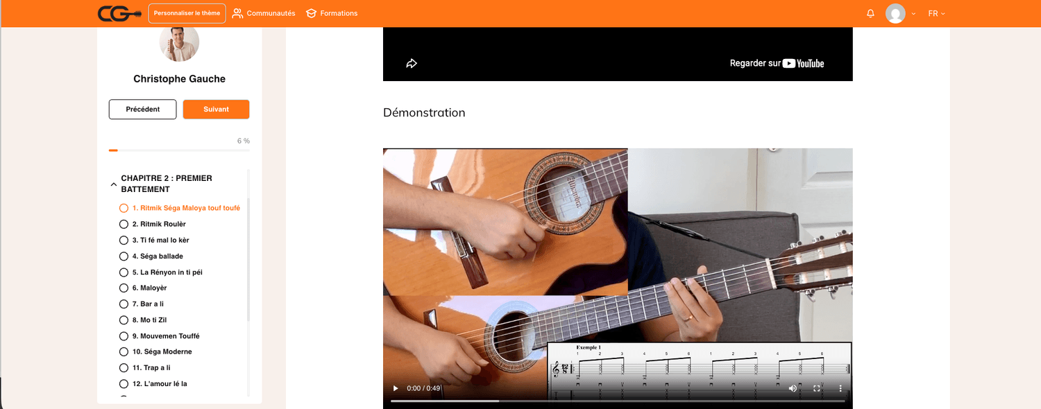 Capture d’une leçon Séga Guitar Master : démonstration du geste, guitare et partition à l’écran