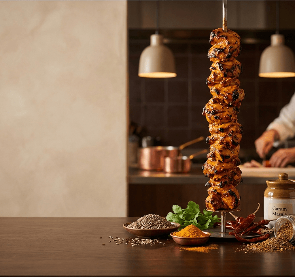 Brochette de poulet tandori grillée, entourée d'épices maison