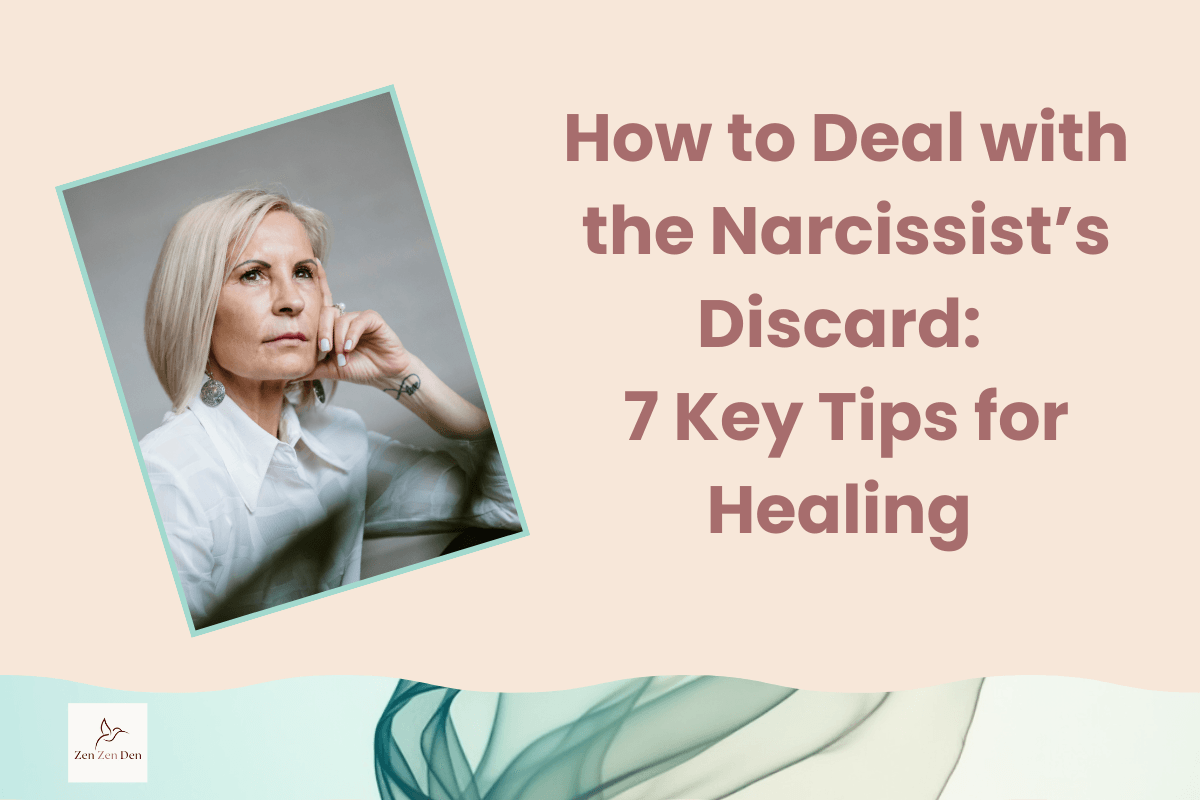 Woman looking pensive. Blog post image about surviving the narcissist's discard, and 7 tips to help you heal. 