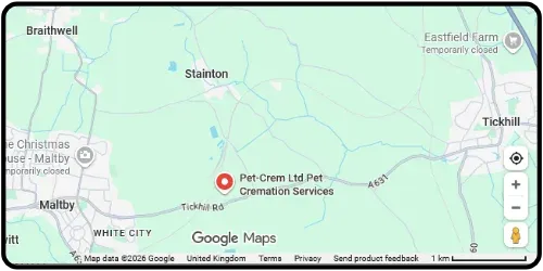 Map showing Pet Crem Pet Cremation Services in Rotherham S66 7QR South Yorkshire
