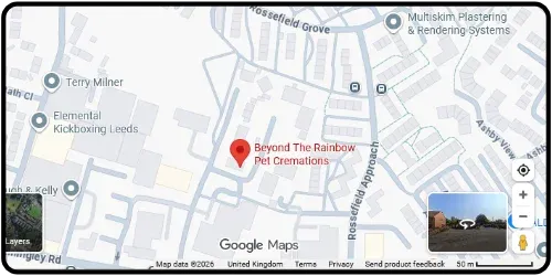Map showing Beyond The Rainbow Pet Cremations in Leeds LS13 3AA West Yorkshire