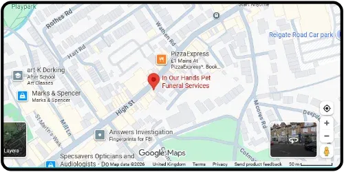 Map showing In Our Hands Pet Funeral Services in Dorking RH4 1QR Surrey