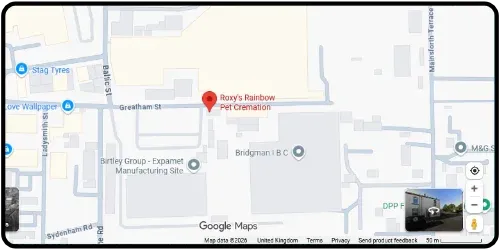 Map showing Roxy's Rainbow Pet Cremation in Hartlepool TS25 1PU Durham