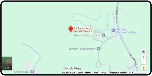 Map showing Pet Funerals at Dunham Lawn in Altrincham WA14 5RH Greater Manchester