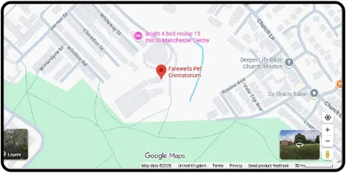 Map showing Farewells Pet Crematorium in Harpurhey  M9 5PG Manchester