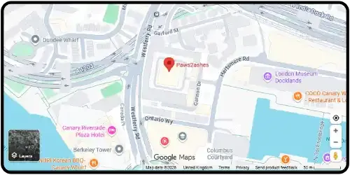 Map showing Paws2ashes in Tower Hamlets E14 4AS Greater London