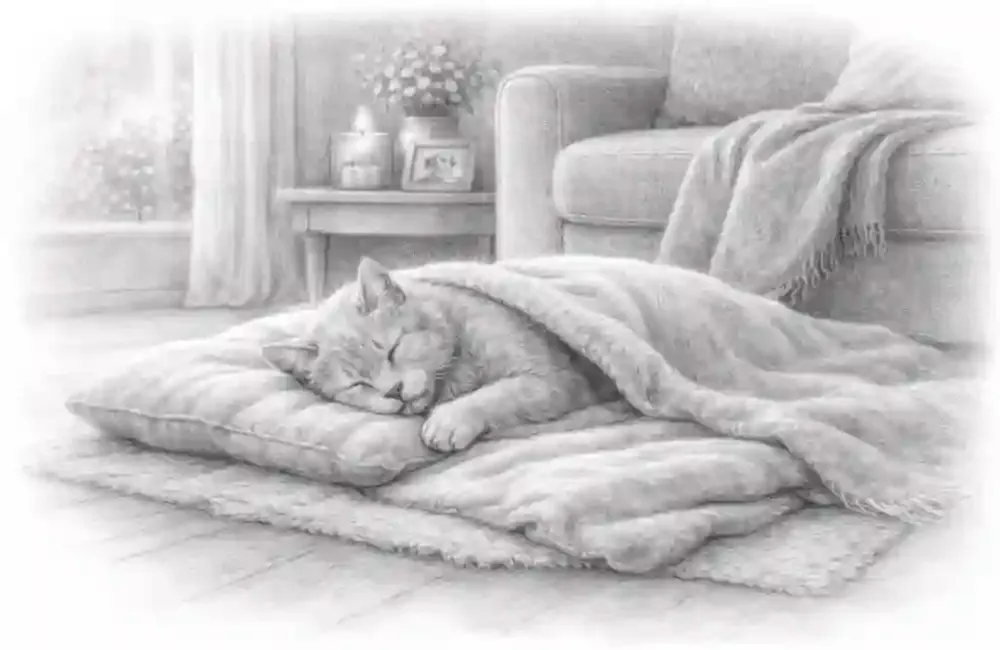 picture of a cat that has passed away laying on its bed