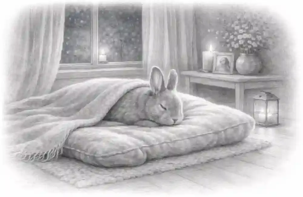 picture of a rabbit thats passed laying on its bed
