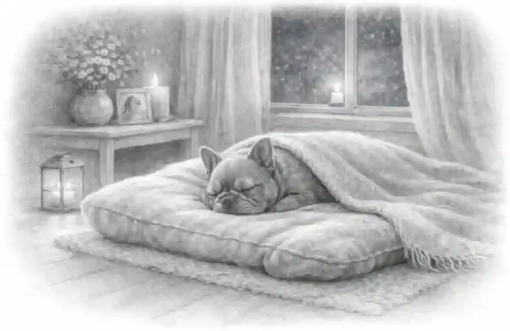 picture of a french bulldog thats passed laying on it bed