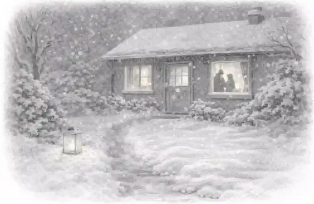 picture of a house in winter with the snow falling during cold weather