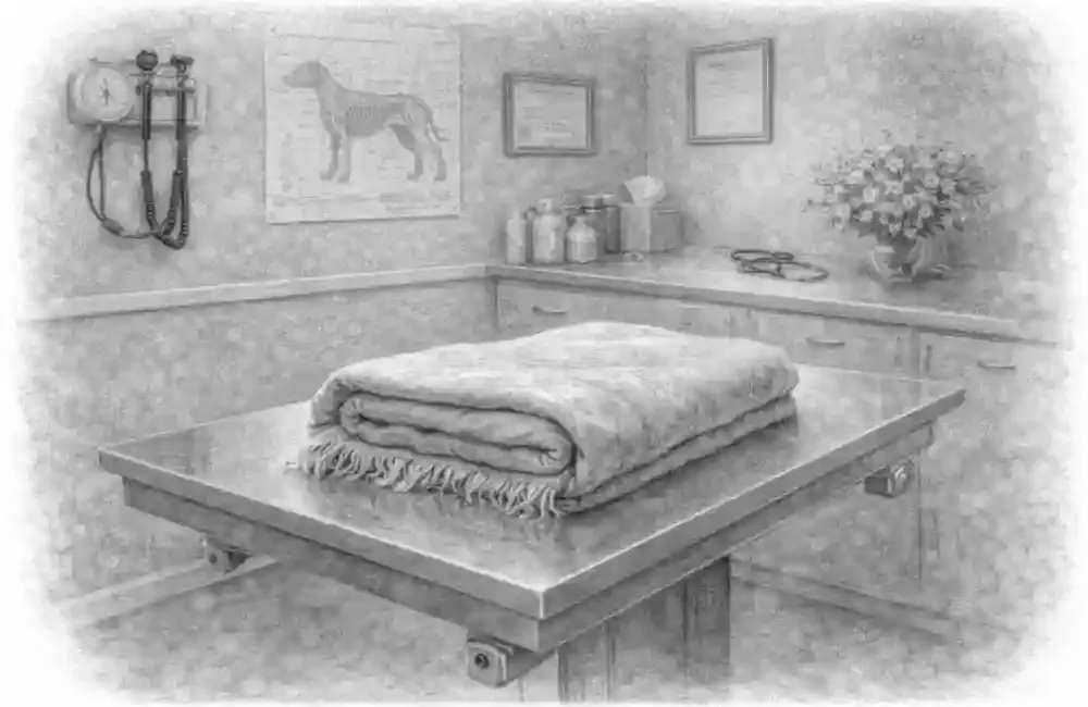 picture of a vets consulting room with a blanket on the table