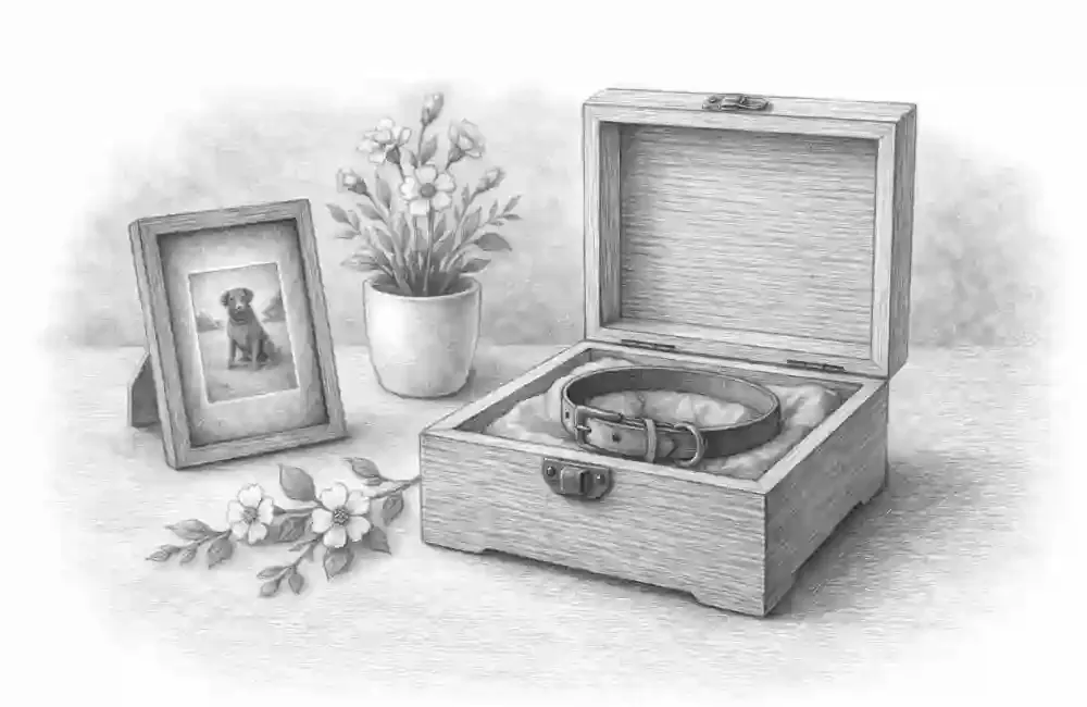picture of a dogs collar in a box next to a photo of a dog