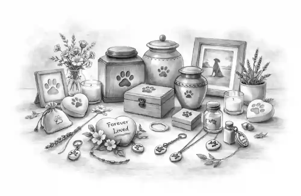 picture of keepsakes, urns and remembrance items for pets