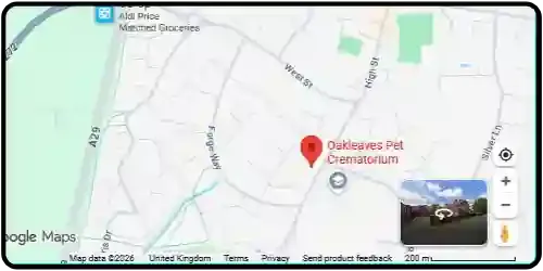 Map showing Oakleaves Pet Crematorium in Billingshurst RH14 9ER West Sussex