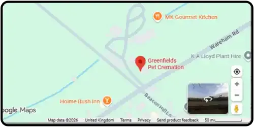 Map showing Greenfields Pet Cremation in Wimborne BH21 3RZ Dorset