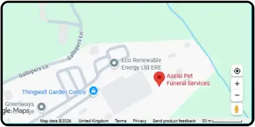 Map showing Assisi Pet Funeral Services in Wirral CH61 1AZ Merseyside