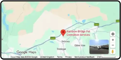 Map showing Rainbow Bridge Pet Cremation Services in Tredegar NP22 4EF