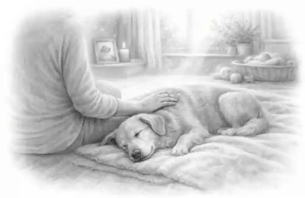 A dog laying on his bed being stroked by his owner