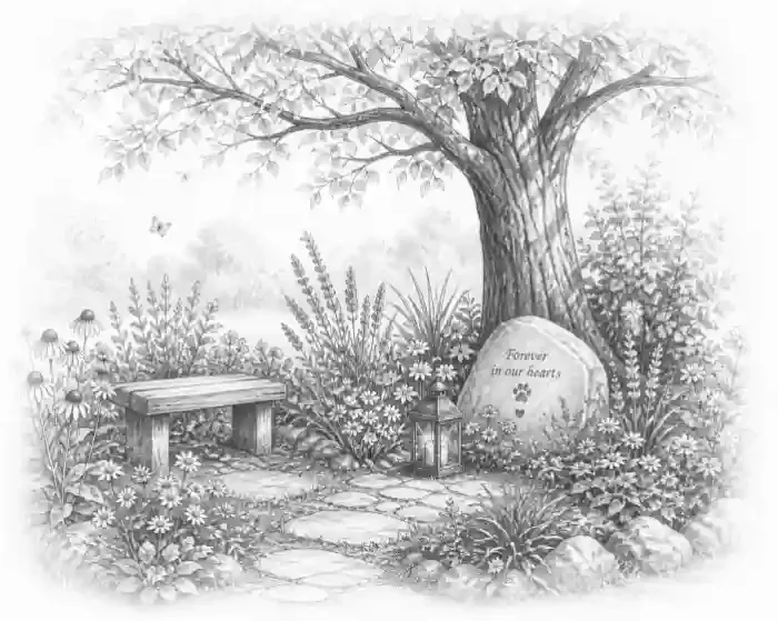 picture of a pet memorial garden with a tree and flowers